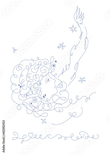 手を伸ばす女性の横顔_line art_calligraphy face_line art vector illustration, background