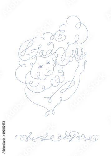 手をかざす女性_line art_calligraphy face_line art vector illustration, background
