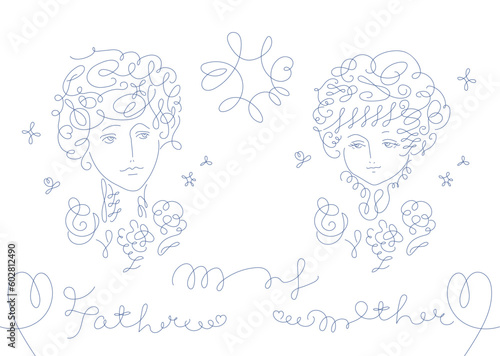 男女の顔_line art_calligraphy face_line art vector illustration, background