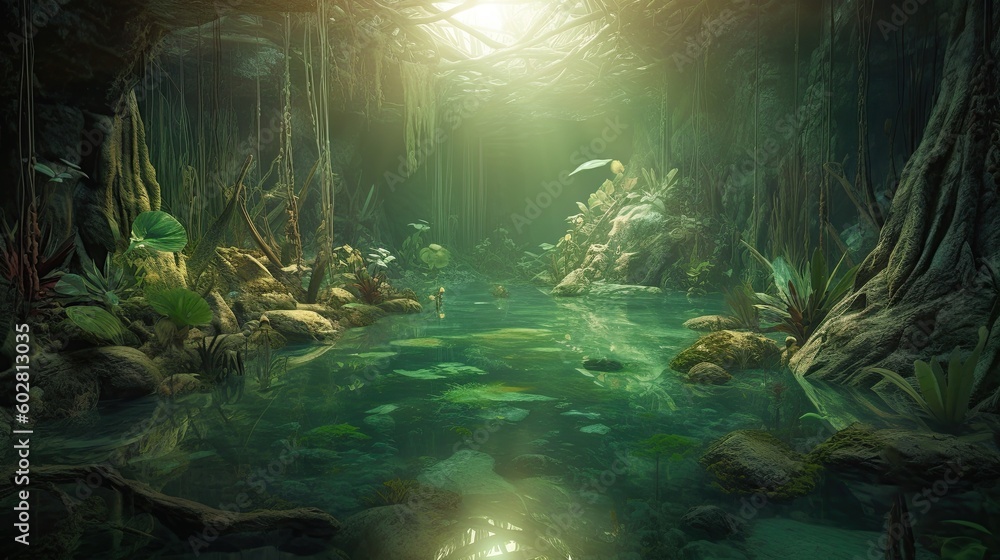 In 10000 BC, an underground water forest habitat as a complex network of subterranean rivers, lakes, cenotes and underwater trees. Adventure game background AI-generated Generative AI In 10000 BC, an underground water forest habitat as a complex network of subterranean rivers, lakes, cenotes and underwater trees. Adventure game background AI-generated Generative AI