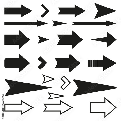 Black arrows pointing right. Arrow shape element set. Vector illustration.