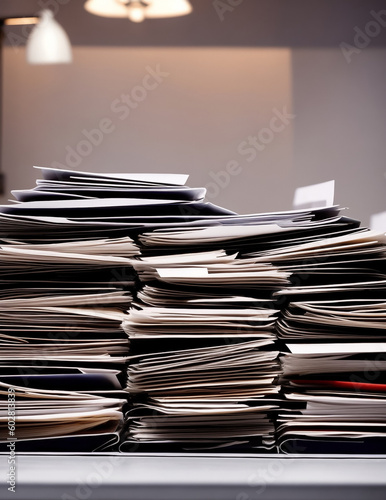 Piles of papers and files on the table in the room. An Ai image suitable for the concept of busyness, delayed work and paper consumption