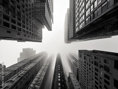 Photo of the city view from below, with natural sunlight, black and white style. Generative ai 