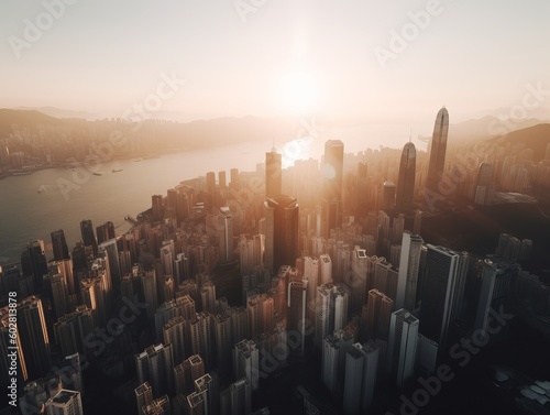 Photo of the city view from above, with natural sunlight, golden hour time. Generative ai 