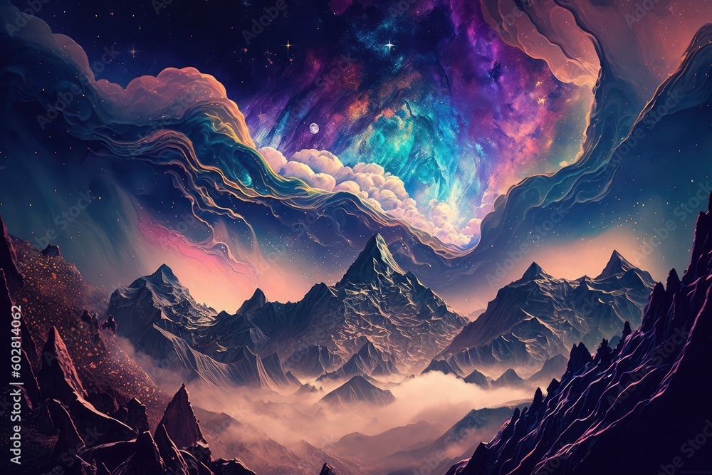 Beautiful celestial sky in dreamy fantasy with bright star in the sky over nature landscape Generative AI - obrazy, fototapety, plakaty 