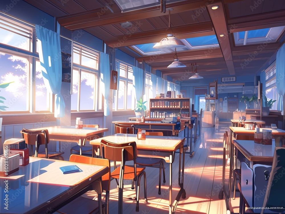 interior design of a restaurant in anime style and vibrant colors. Generative ai