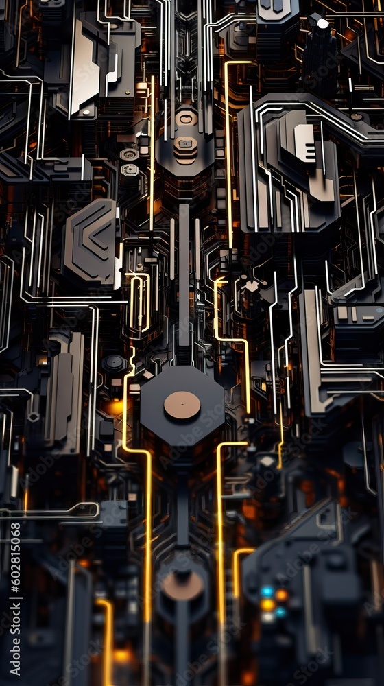Intricate and detailed structure of the interior of the motherboard of a computer, binary computering, cpu working
