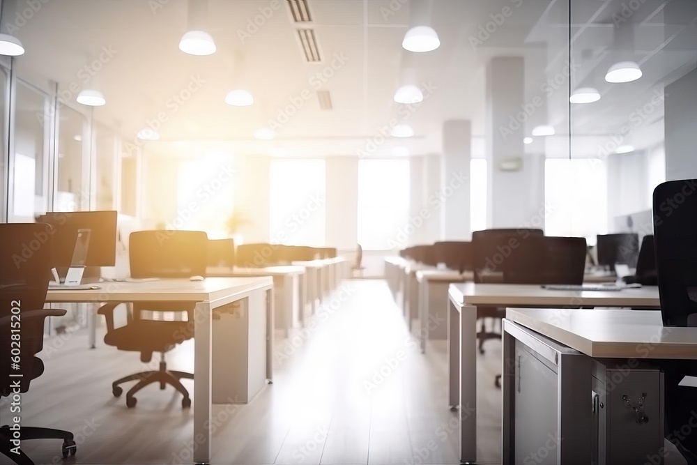 Fototapeta premium Business office without people with blurred bokeh background with copy space