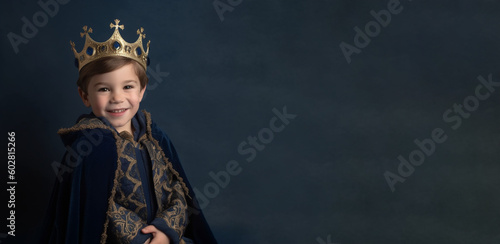  a smiling boy child dressed as a king's soft solid background generative ai