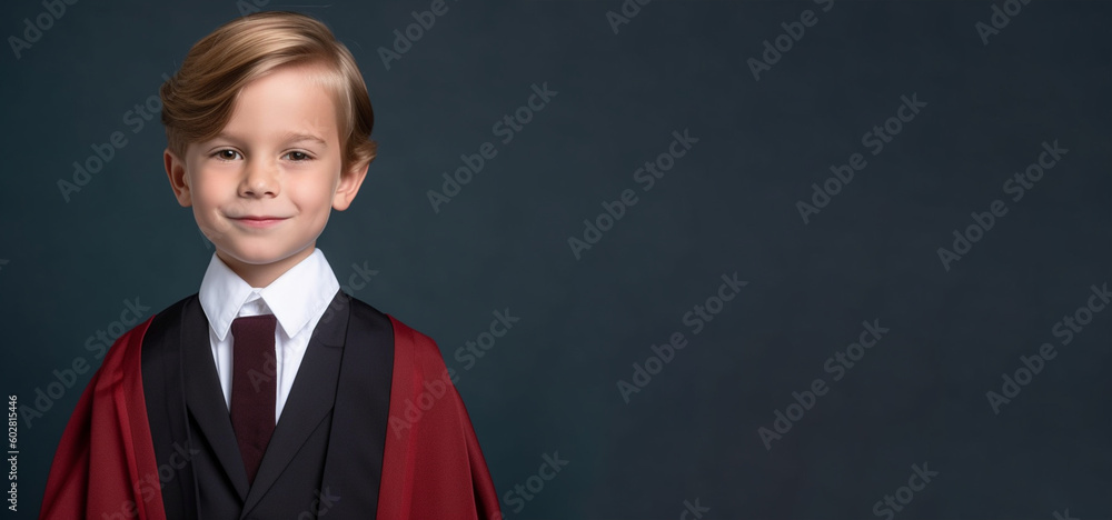 a smiling boy child dressed as prosecutor's soft solid dark red black background generative ai a smiling boy child dressed as prosecutor's soft solid dark red black background generative ai