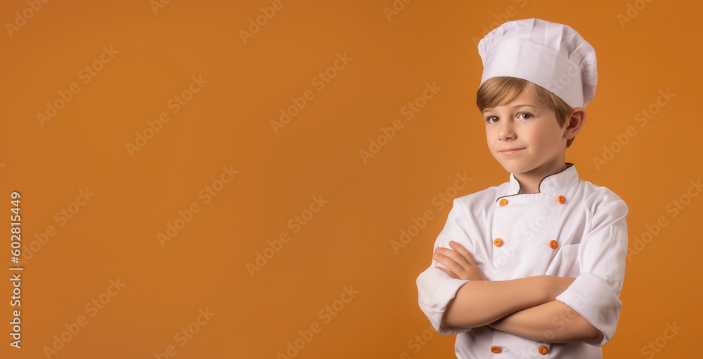 a smiling boy child dressed as a chef in soft solid dusty pink background generative ai a smiling boy child dressed as a chef in soft solid dusty pink background generative ai