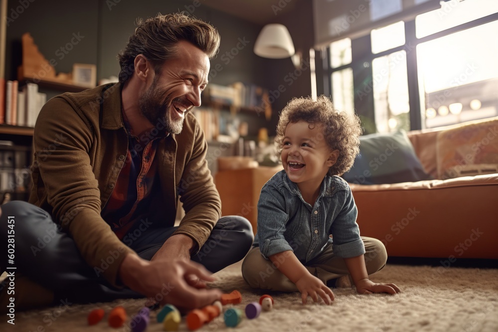 father playing with his son child kid in the living room on the floor sitting on a rug, both smiling cheerfully, generative AI