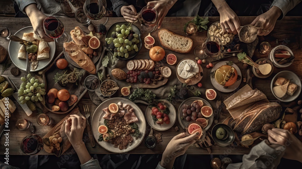 Top view flat lay group of people eating from a big table filled with a lot of food, charcuterie and veggies