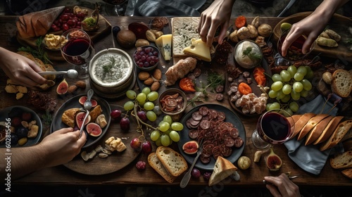 Top view flat lay group of people eating from a big table filled with a lot of food, charcuterie and veggies