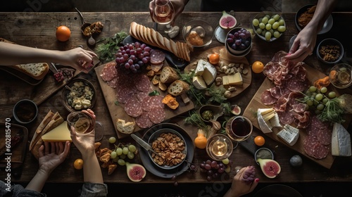 Top view flat lay group of people eating from a big table filled with a lot of food, charcuterie and veggies