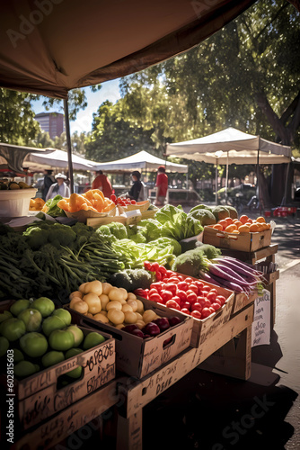 Fototapeta Farmers market stall on a sunny day with fruits and vegetables, generative AI