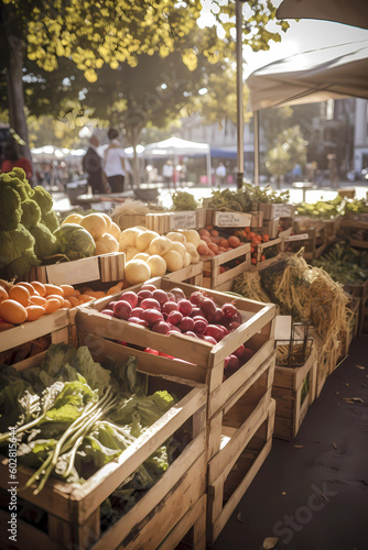 Fotografia Farmers market stall on a sunny day with fruits and vegetables, generative AI