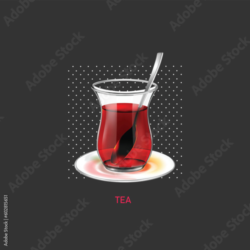 Glass cup with saucer with black tea avector illustration. Hot black tea vector photo