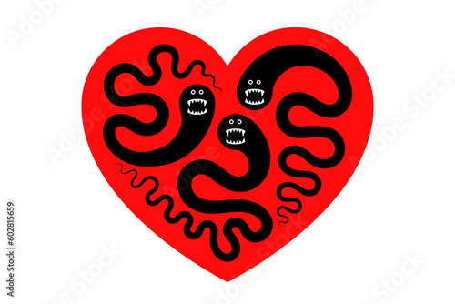 Heart symbol and worms inside, concept of worm infection, heartworms