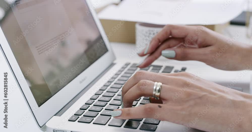 Business woman, hands and laptop typing for communication, email or research on office desk. Hand of female employee working on computer keyboard for online browsing, search or writing at workplace Business woman, hands and laptop typing for communication, email or research on office desk. Hand of female employee working on computer keyboard for online browsing, search or writing at workplace