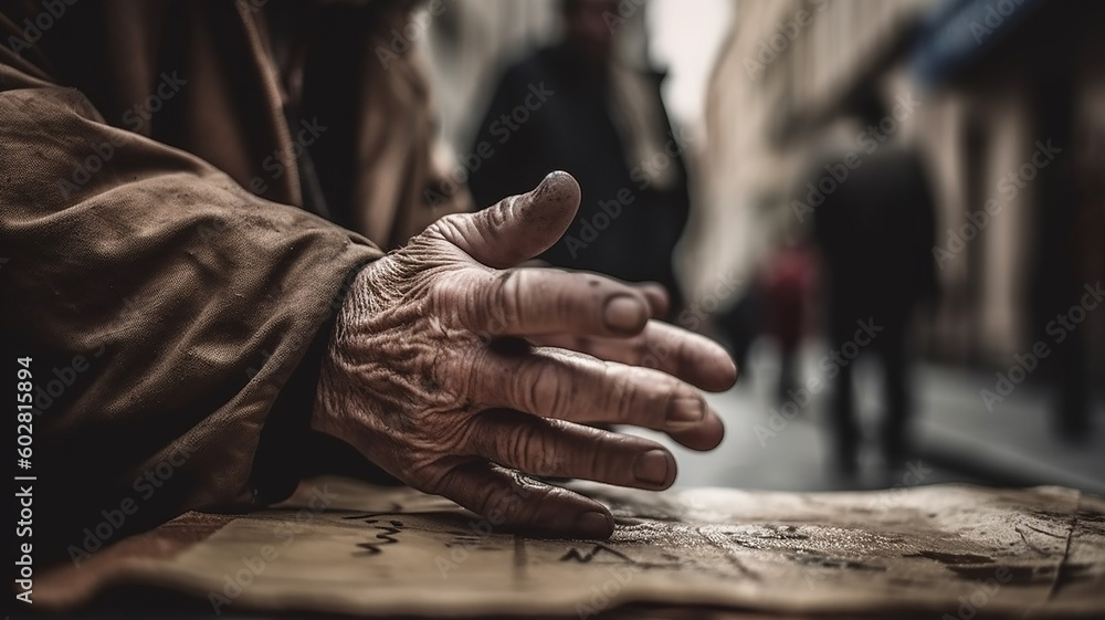 雨の降るスラム街で手を出す浮浪者・ホームレス・物乞いの高齢者男性（Generative AI）
