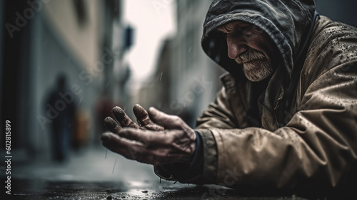 雨の降るスラム街で手を出す浮浪者・ホームレス・物乞いの高齢者男性（Generative AI）
 photo