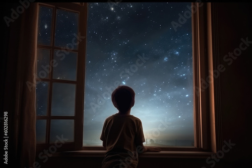 a kid watching out at big window open to galaxy sky, midnight time, idea for imagination and dream concept, generative AI