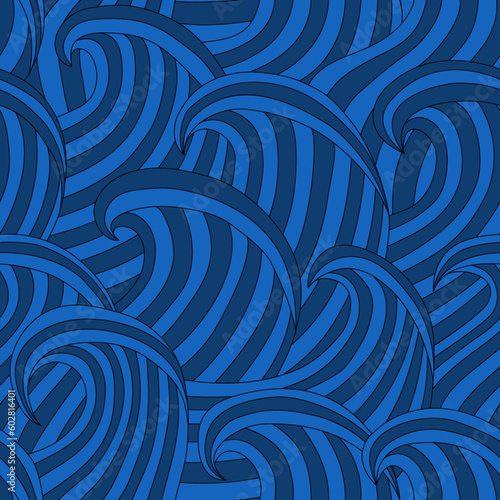 Great waves seamless pattern. Japanese style seascape ornament. Tide motif oriental wallpaper. Hand drawn design nautical print. Freehand background