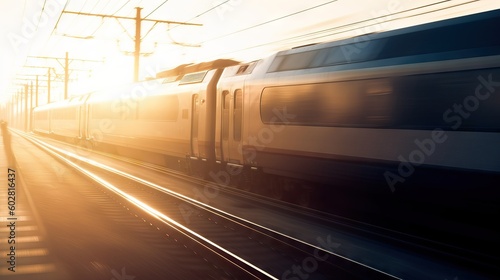 High speed train silhouette in motion, defocused bokeh, flare, travel moving between cities concept.