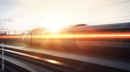 High speed train silhouette in motion  defocused bokeh  flare  travel moving between cities concept.