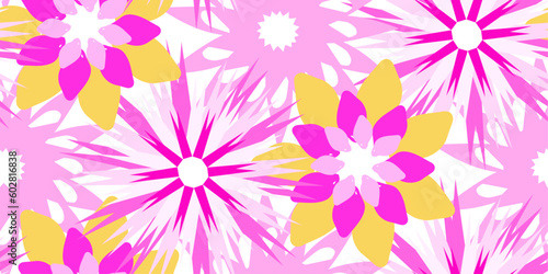 Seamless pattern with pink magenta yellow flowers. Decorative floral background.