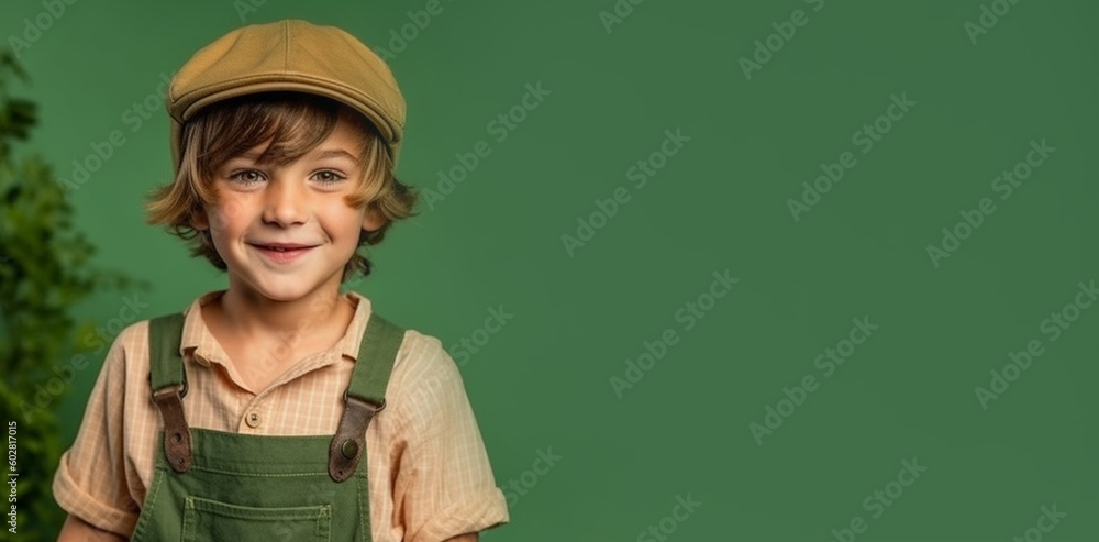 a smiling boy child dressed as a gardener's soft solid dark green background generative ai