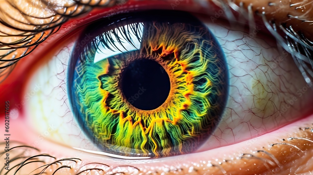 Macro image of a mesmerizing blue eye with a vibrant yellow and orange iris