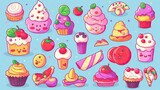 Various delicious food items beautifully arranged on a vibrant blue background cookies and bakery concept. Cartoon kid draws
