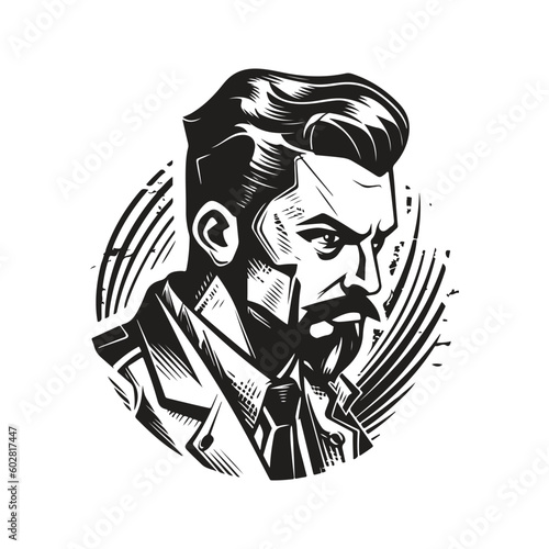 unhealthy forceful trader, vintage logo line art concept black and white color, hand drawn illustration