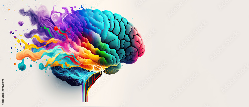 Rainbow human brain explosion, cognitive overload, creative inspiration, mental health, psychology and neurology concept, Generative AI - obrazy, fototapety, plakaty 