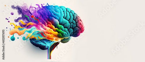 Rainbow human brain explosion, cognitive overload, creative inspiration, world mental health day, psychology and neurology concept