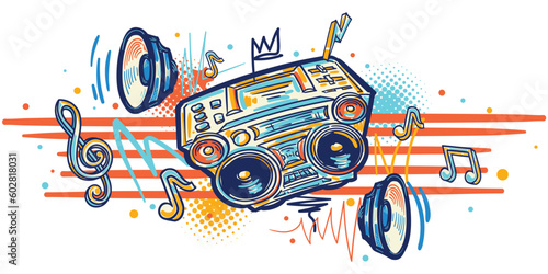 Music design - funky colorful drawn boom box tape recorder, speakers and musical notes