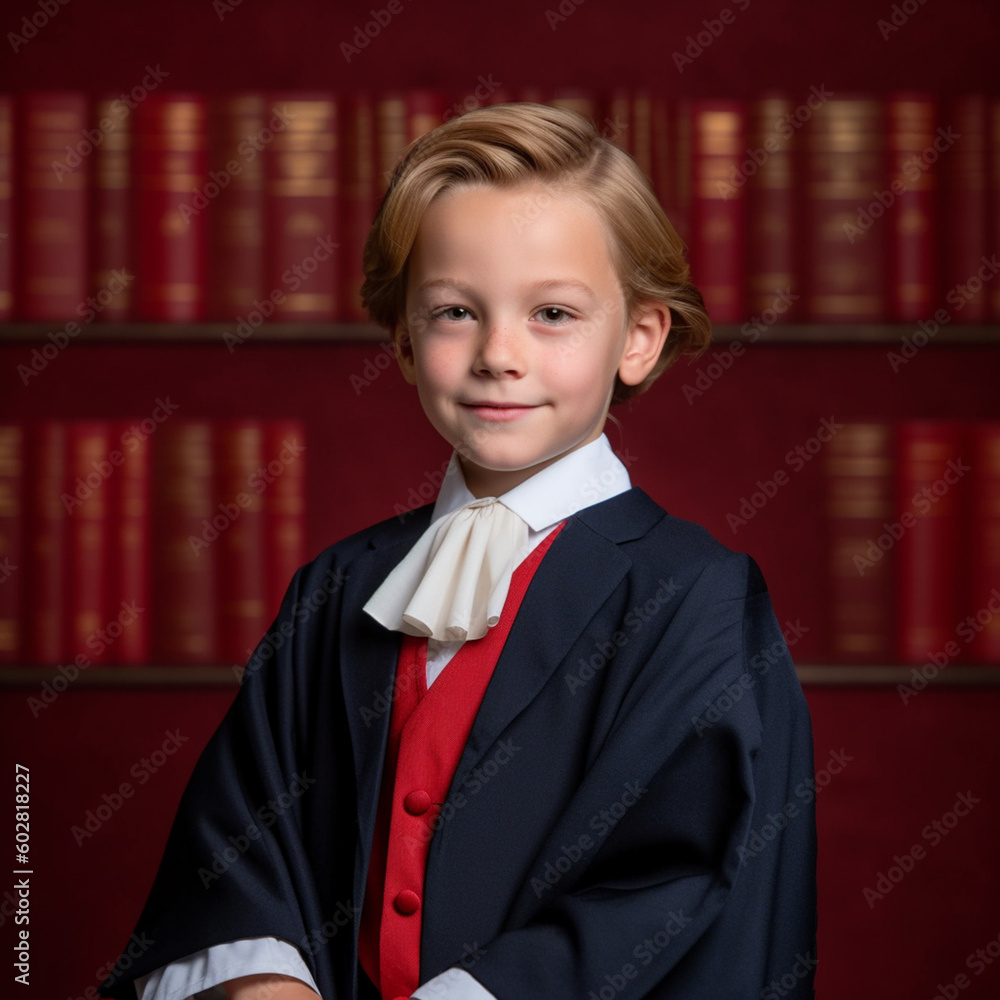 a smiling boy child dressed as prosecutor's soft solid dark red black background generative ai a smiling boy child dressed as prosecutor's soft solid dark red black background generative ai