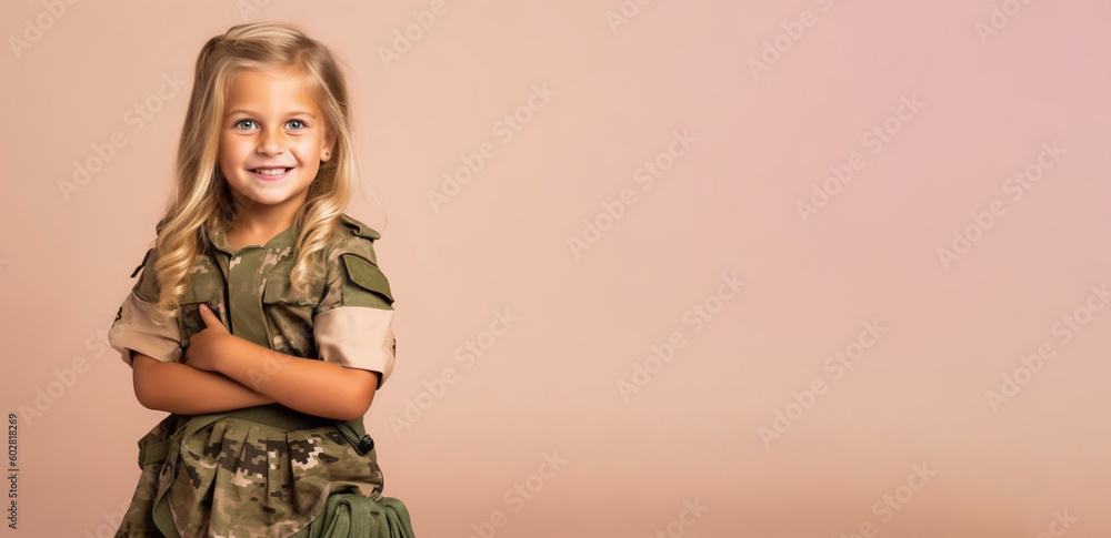 a smiling girl child dressed as a soldier's soft solid brown dark green background ai generative a smiling girl child dressed as a soldier's soft solid brown dark green background ai generative
