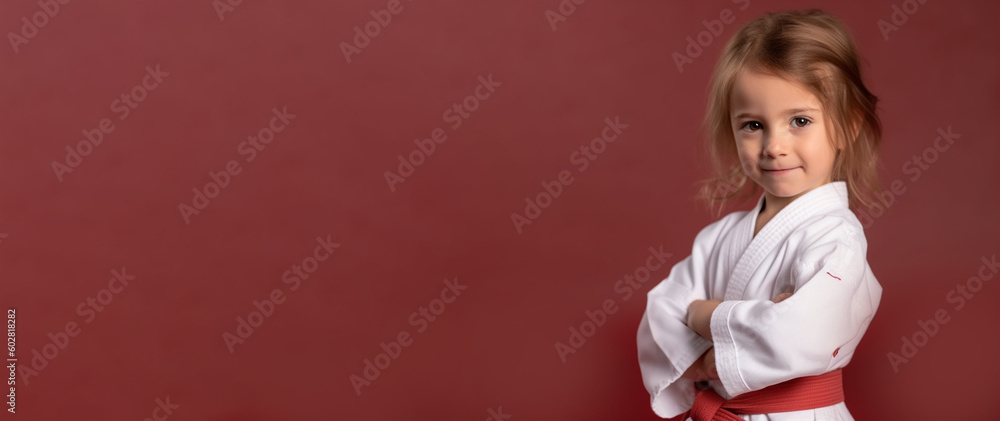 a smiling girl child dressed as a martial arts athletes in soft solid background generative ai - obrazy, fototapety, plakaty 