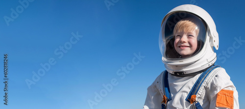 a smiling girl child dressed as astronaut's soft solid dark blue sky background ai generative © Leaf