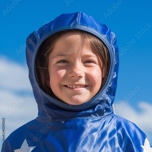 a smiling girl child dressed as astronaut's soft solid dark blue sky background ai generative