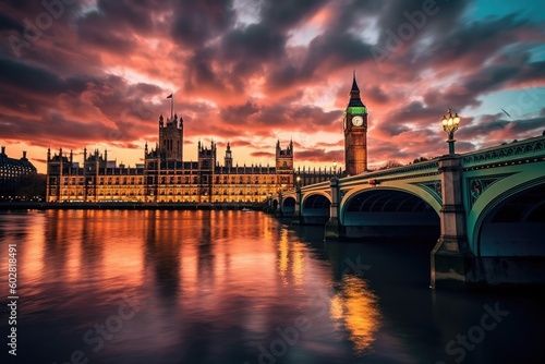 House of Parliament with Big Ben Clock Tower inLondon England over River Thames, UK Landmark, Stunning Scenic Landscape Wallpaper, Generative AI