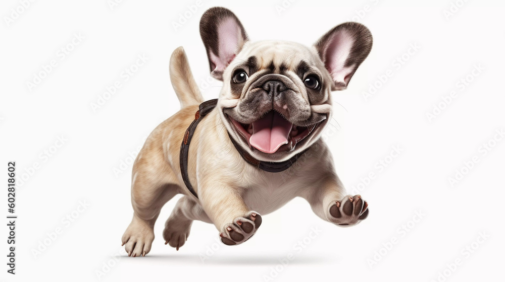 French bulldog smile, runing isolated on white background, Generative ai illustration.