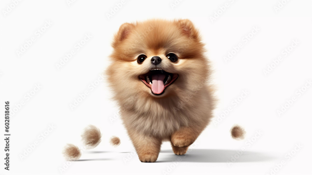 Pomeranian dog smile, playing in the park, playful on white background, Generative ai illustration., Generative ai illustration.