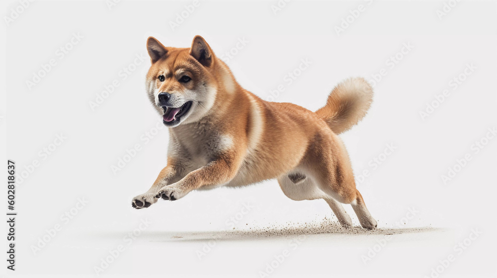 Red shiba inu dog Runing, playful on white background, Generative ai illustration. Red shiba inu dog Runing, playful on white background, Generative ai illustration.