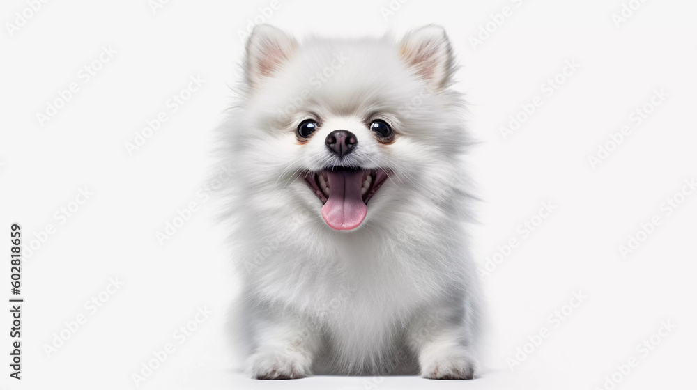 White Pomeranian smile, sitting isolated on white background, Generative ai illustration.