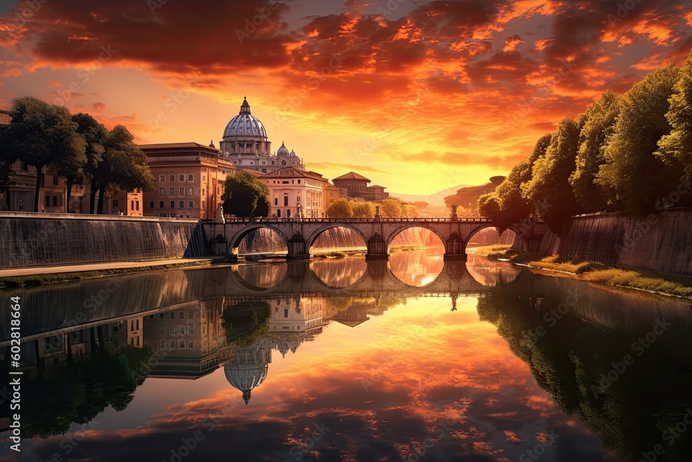 Tiber River Sunrise overlooking St Peter's Basilica in Rome Italy, Europe, Stunning Scenic Landscape Wallpaper, Generative AI
