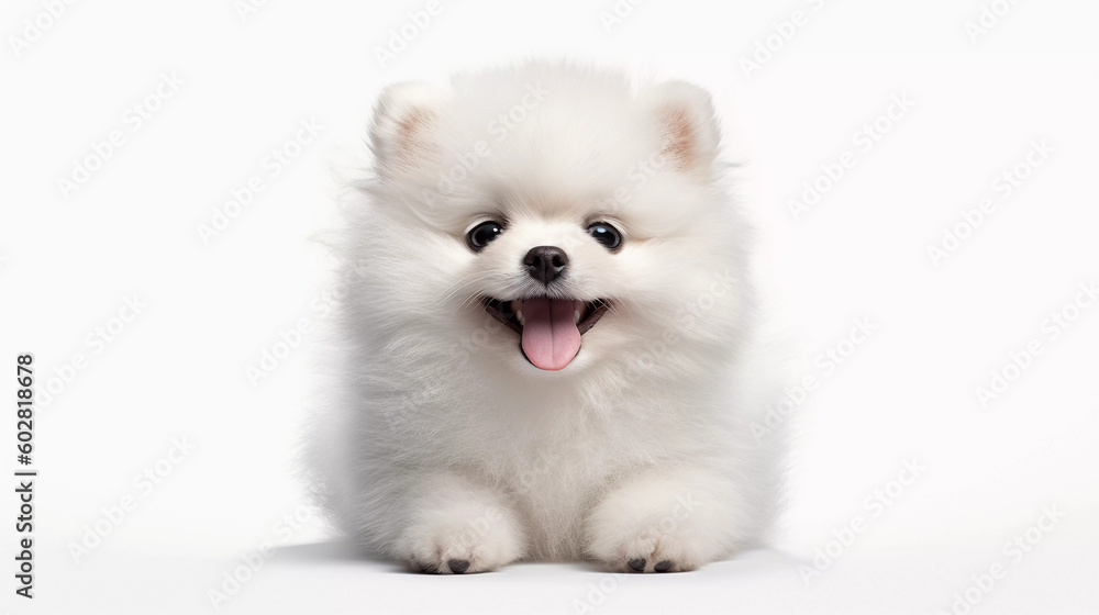 Obraz premium White Pomeranian smile cute, sitting isolated on white background, Generative ai illustration.
